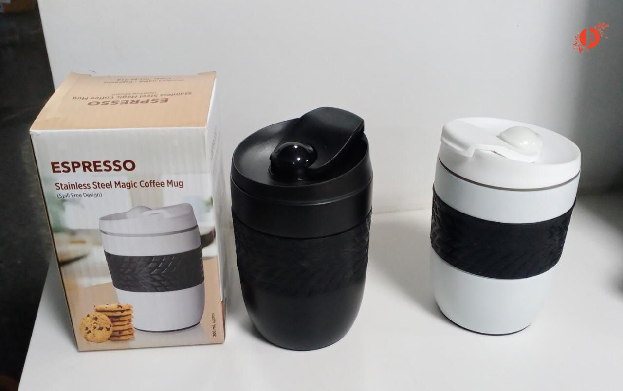 The Wallet Store Stainless Steel Magic Rubber Grip Coffee Mug | 350ml | Spill Free Design | Vacuum Insulated | Hot & Cold | Office, School, Outdoor, Indoor, Gym, Etc (White)