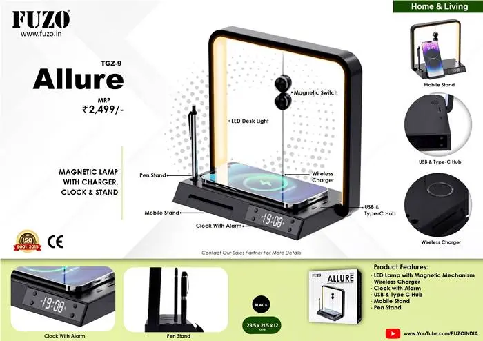 Fuzo Allure Magnetic Lamp with Charger, Clock & Stand