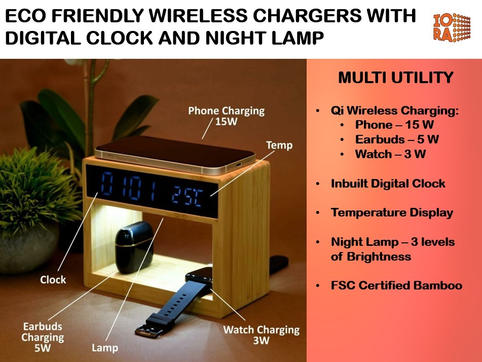 ECO FRIENDLY WIRELESS CHARGERS WITH DIGITAL CLOCK AND NIGHT LAMP